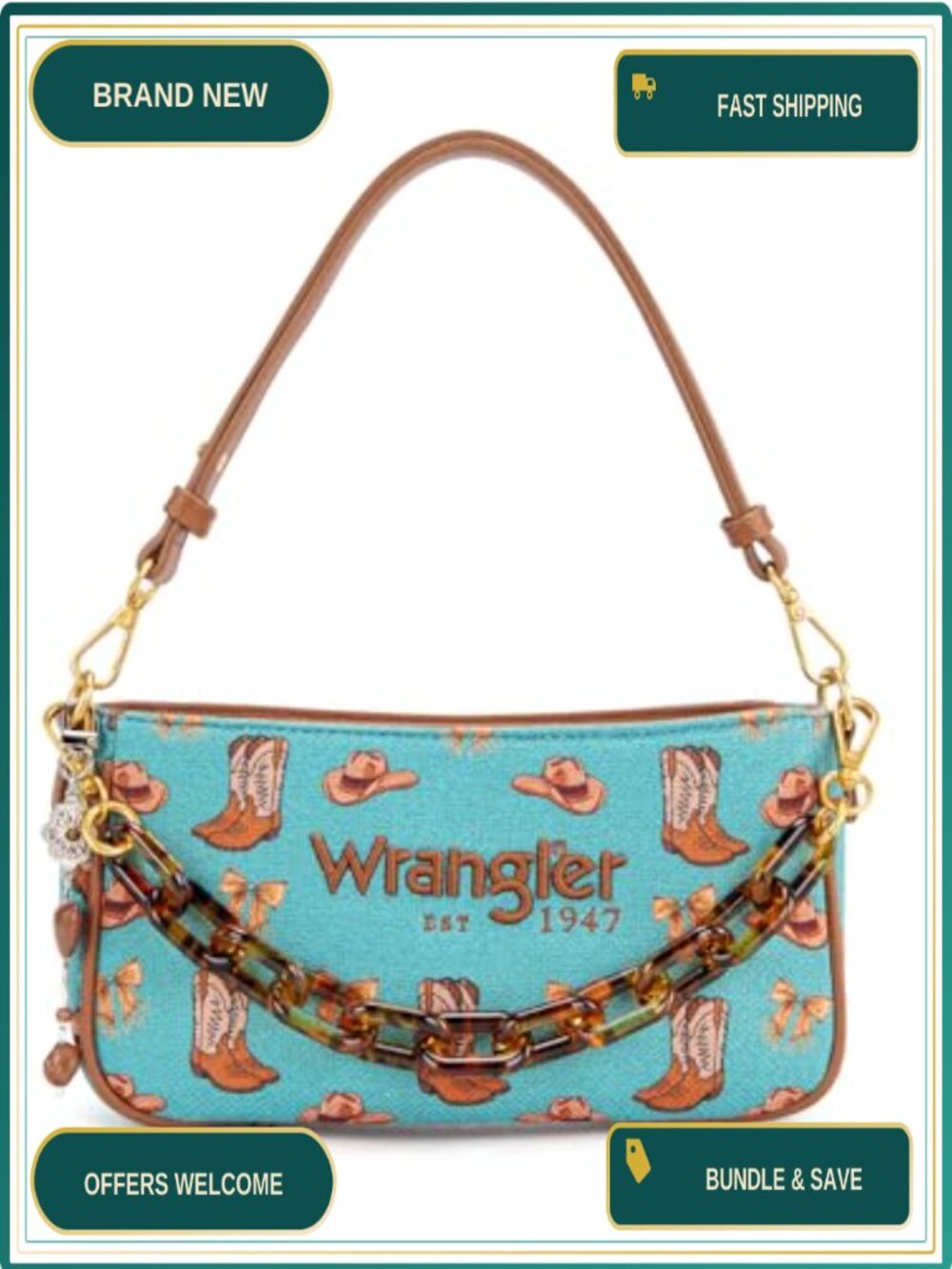 Western Cowgirl Hobo Shoulder Bag Canvas Chain Strap Zipper Top Handle